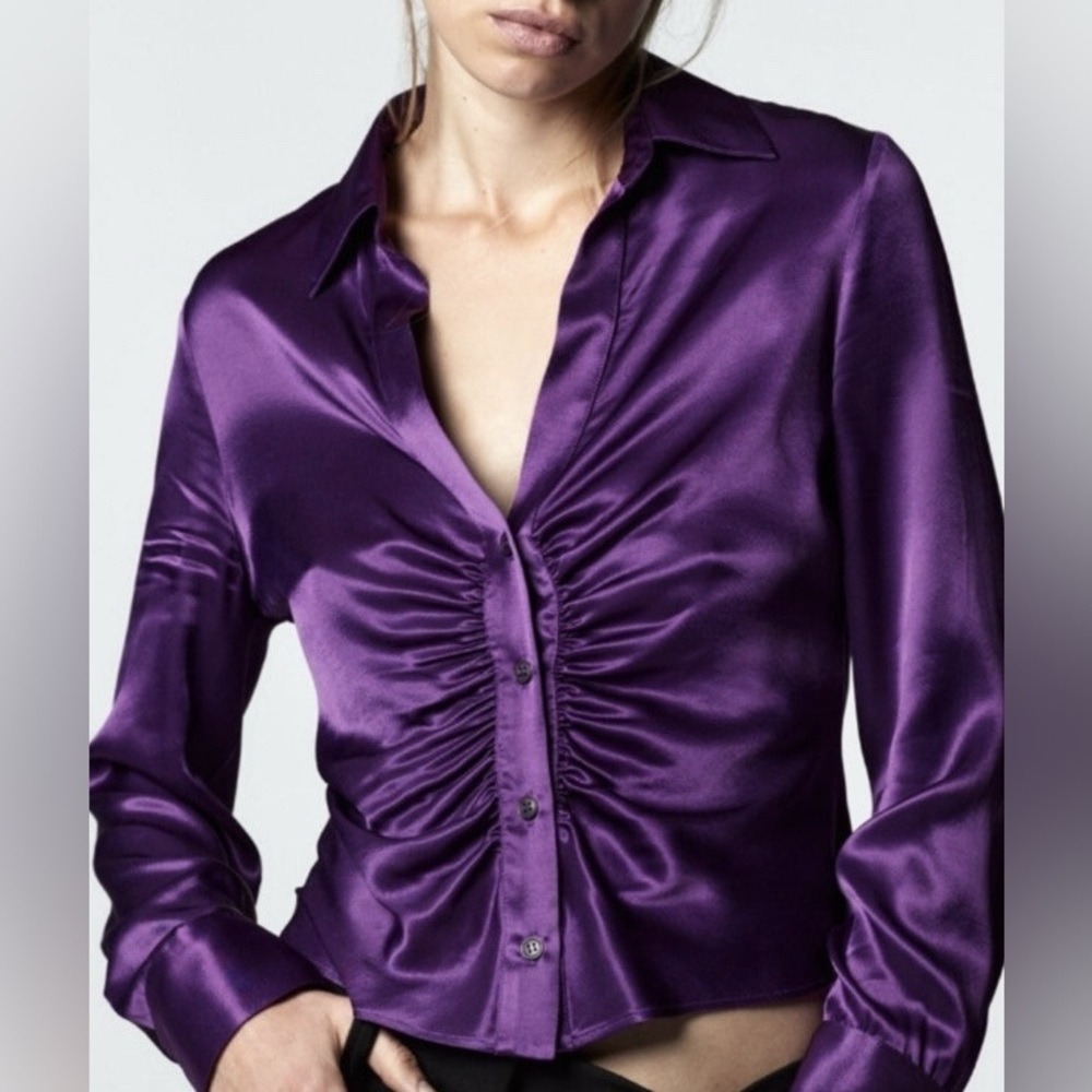 Satin Purple Ruched Button-Up Blouse